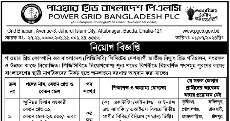 Power Grid Company Bangladesh Job Circular 2024