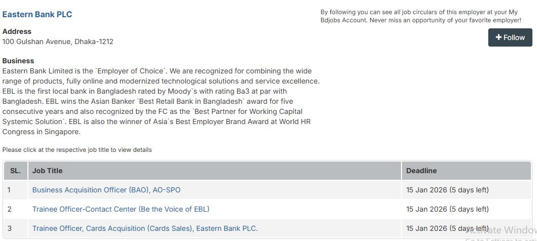 Eastern Bank PLC Job Circular 2026